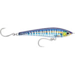 Colorful fishing lure with metal hooks.