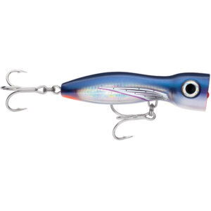 Blue fishing lure with dual treble hooks