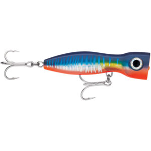 Colorful fishing lure with two treble hooks.