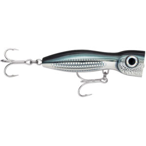 Fishing lure with hooks and realistic fish design.