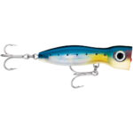 Colorful fishing lure with treble hooks.