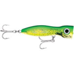 Green and yellow fishing lure with treble hooks.