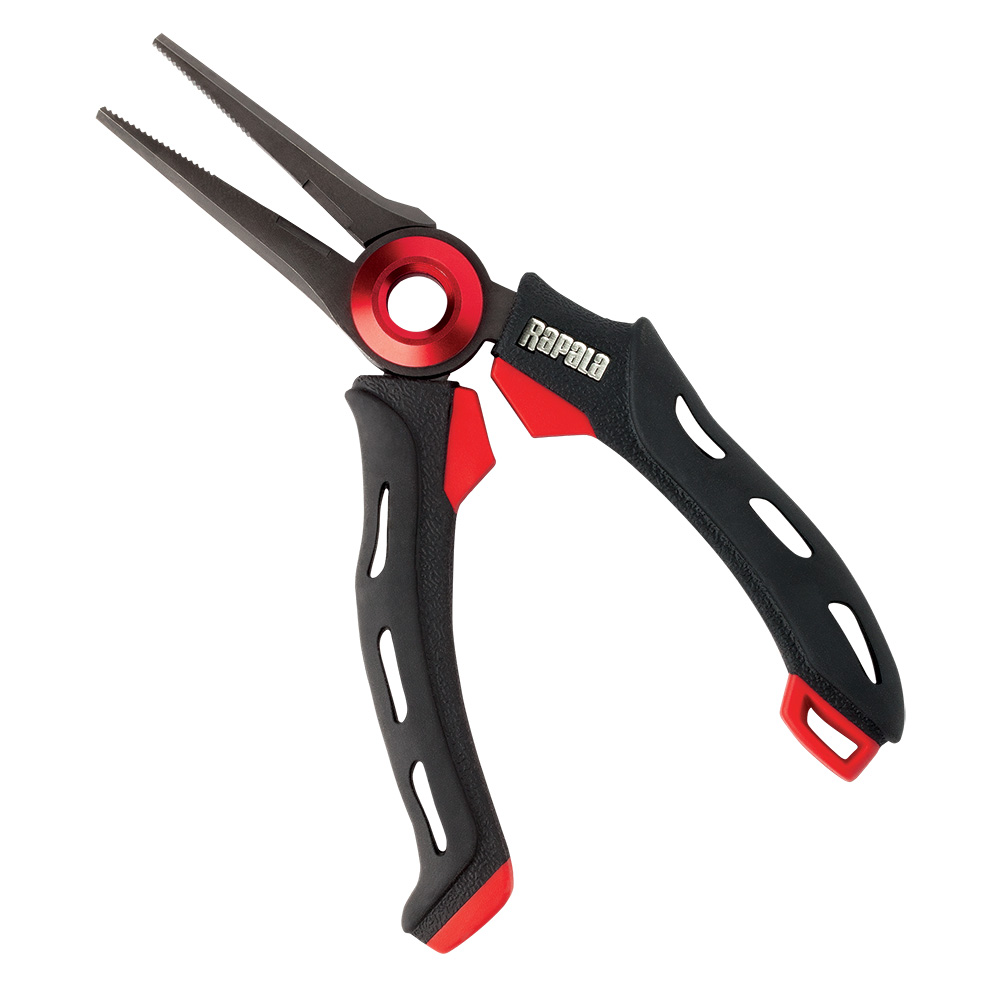 Rapala black and red fishing pliers, ergonomic grip.