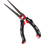 Black and red fishing pliers with ergonomic grip.