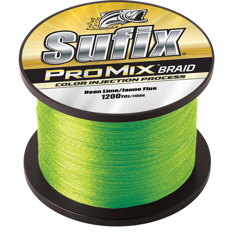 Neon lime fishing line spool, 1200 yards, Sufix Promix.