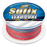 Sufix braided fishing line, lead core, colorful spool.