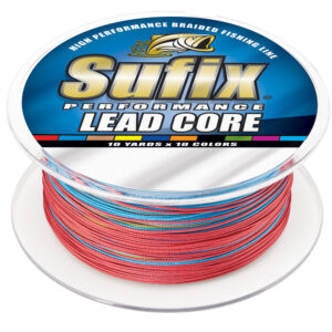 Sufix braided fishing line, lead core, colorful spool.