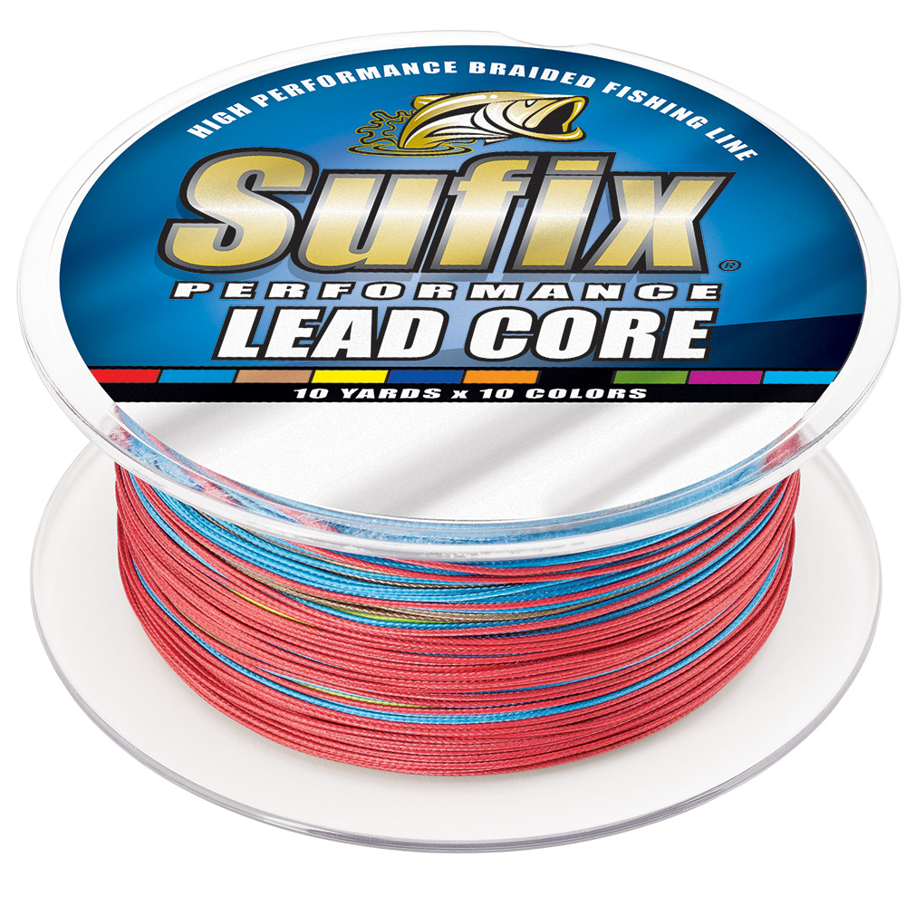 Sufix braided fishing line, lead core, colorful spool.
