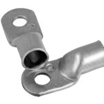 Two metal cable lugs with holes