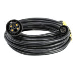 Coiled black cable with circular connectors