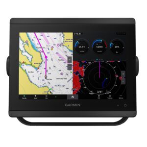 Garmin marine GPS showing nautical charts and radar.
