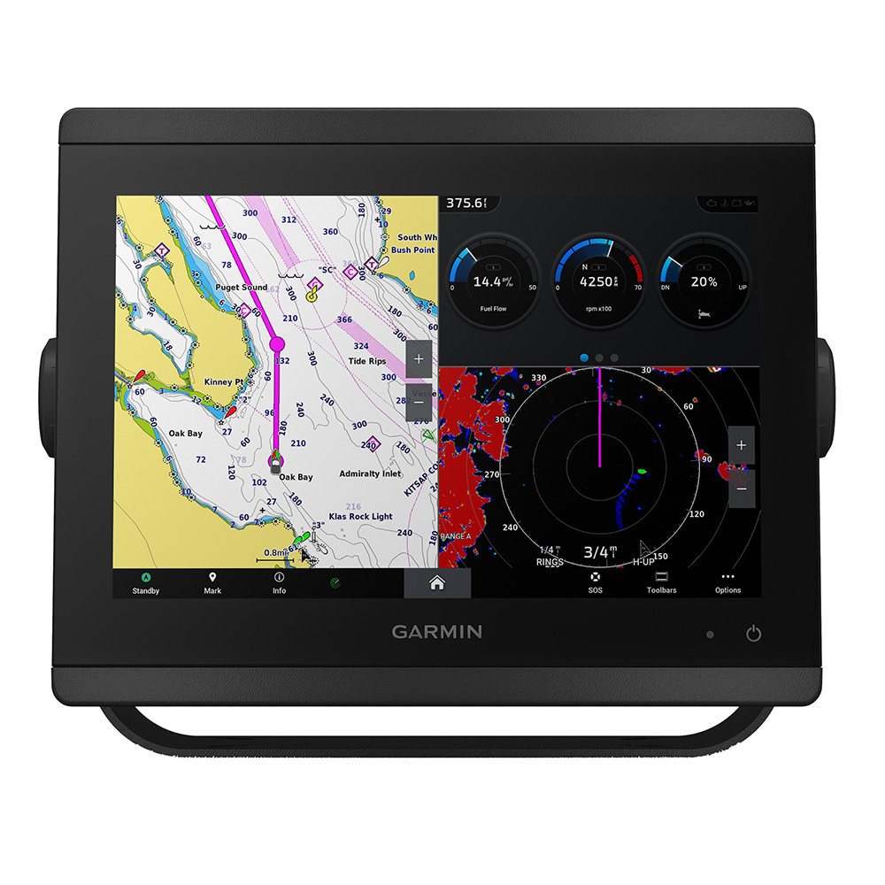 Garmin marine GPS showing nautical charts and radar.