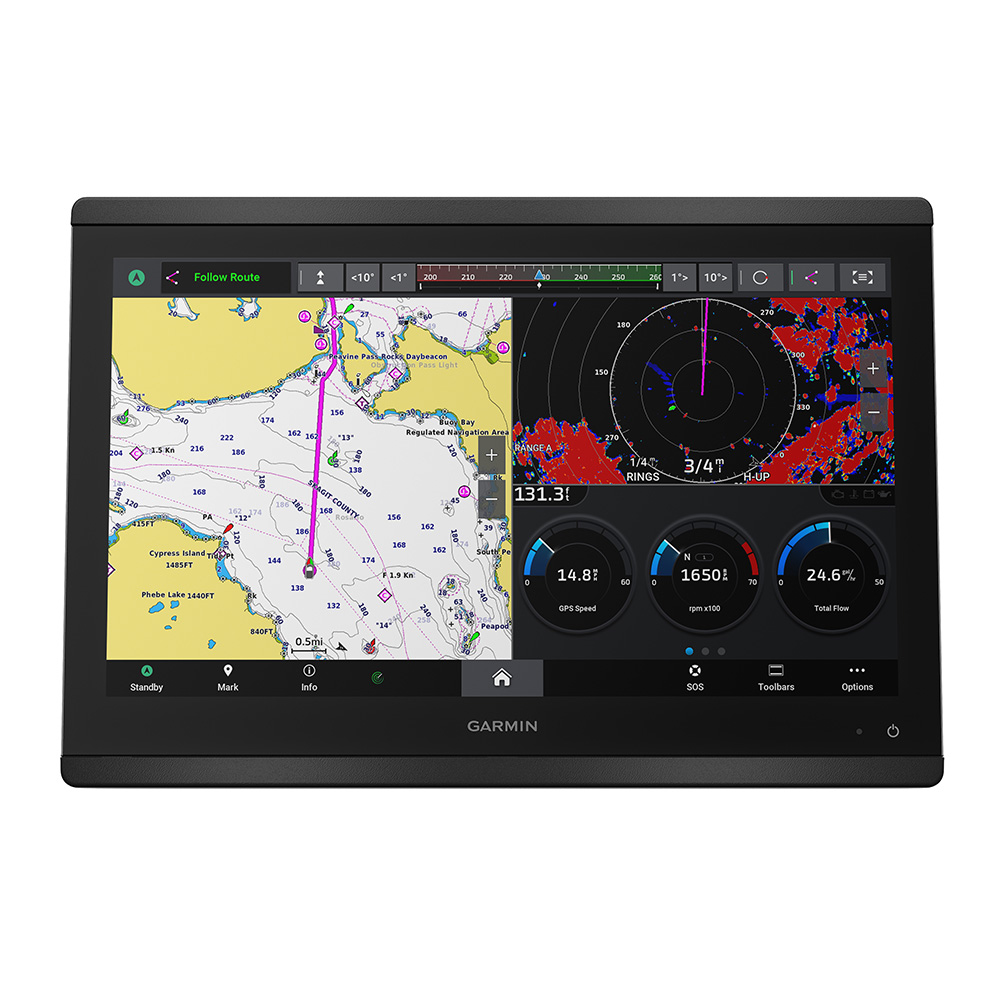 Garmin marine GPS with navigation and radar display.