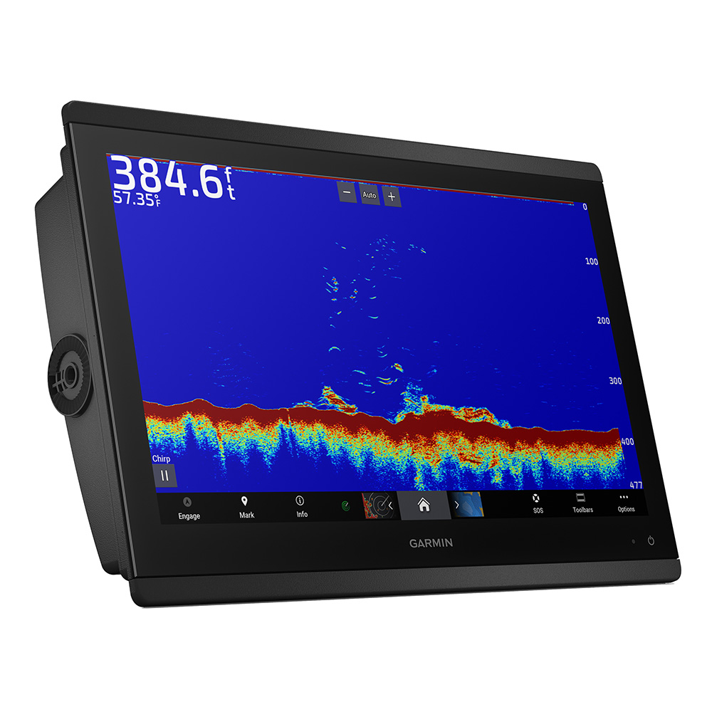 Garmin fishfinder displaying sonar data on screen.