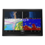 Garmin marine display with sonar and chart view.
