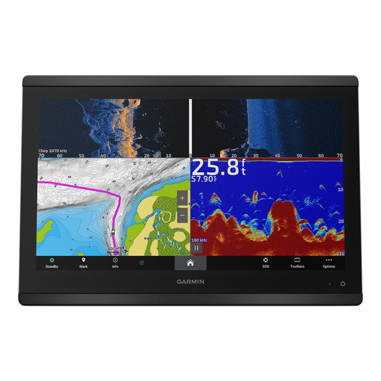Garmin marine display with sonar and chart view.