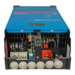 Blue power inverter with multiple connectors and switches.
