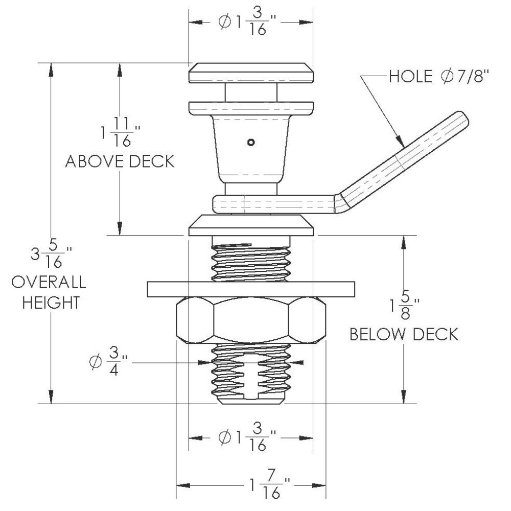 Technical diagram of pop-up drain dimensions.