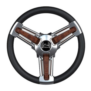 Stylish steering wheel with wood and chrome accents.