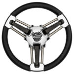 Stylish black and chrome boat steering wheel