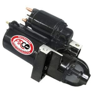 Black marine starter motor with logo and terminals.