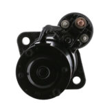 Black automotive starter motor front view
