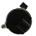 Black round automotive relay component top view.