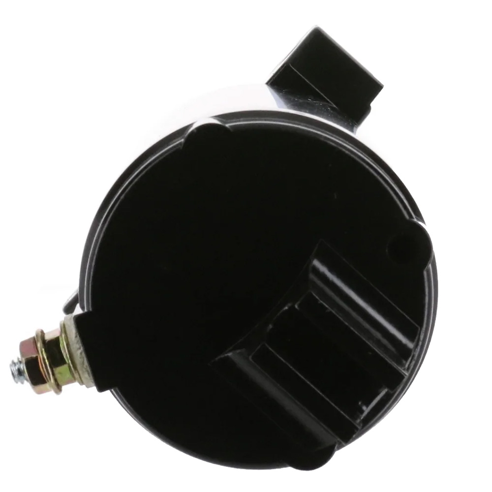 Black round automotive relay component top view.
