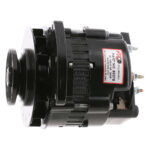 Black automotive alternator with part number label