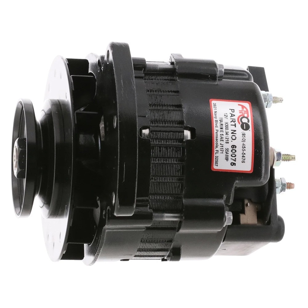 Black automotive alternator with part number label