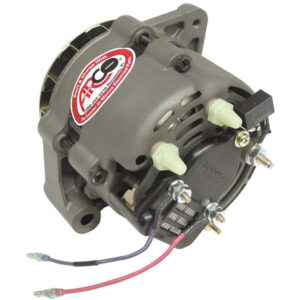 High-output marine alternator with wiring connections.