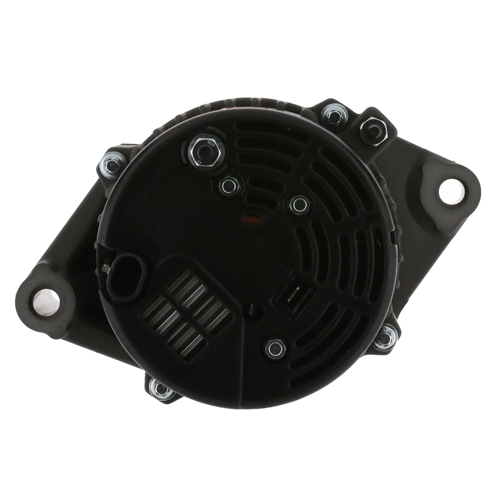 Car alternator top view with mounting brackets.
