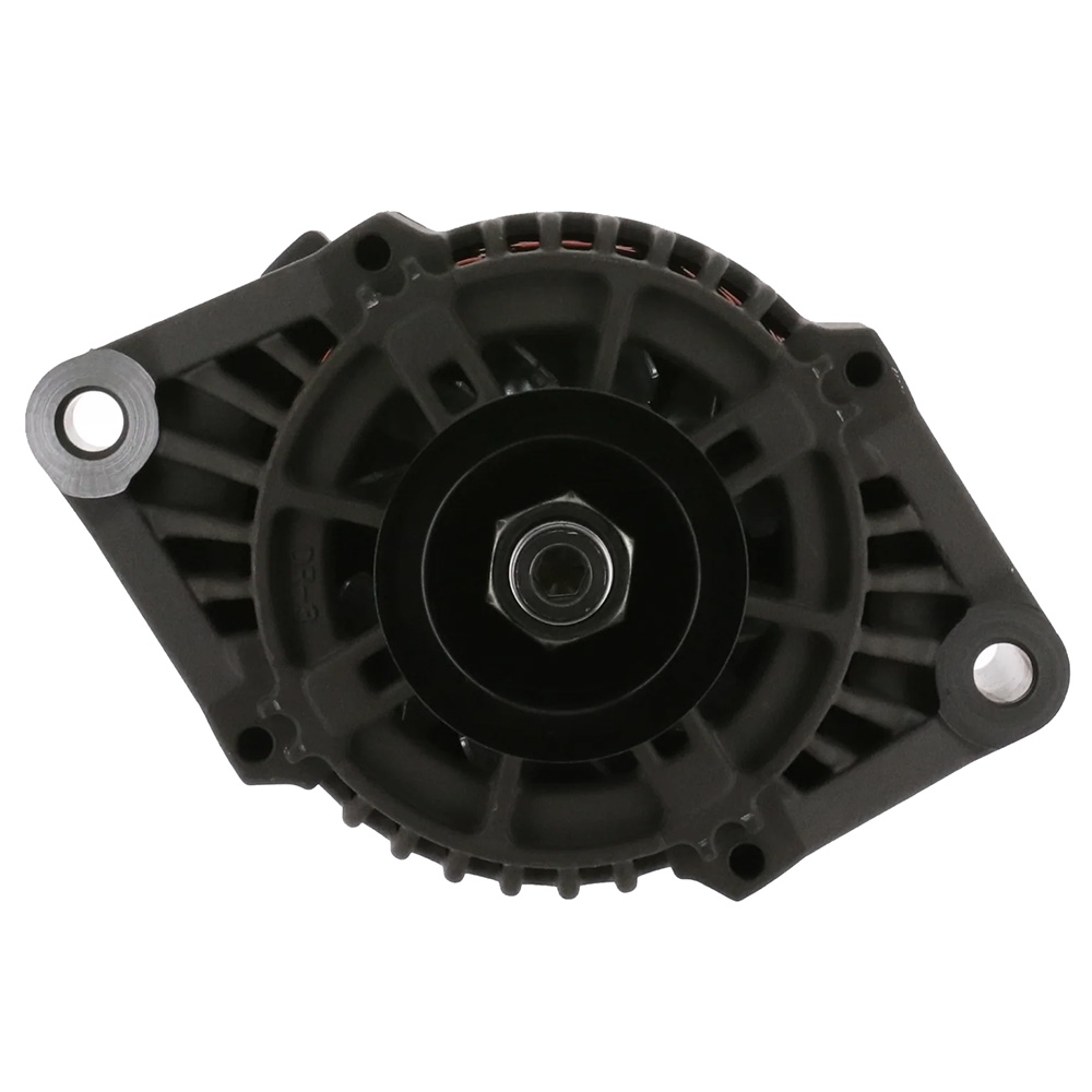 Front view of car alternator on white background.