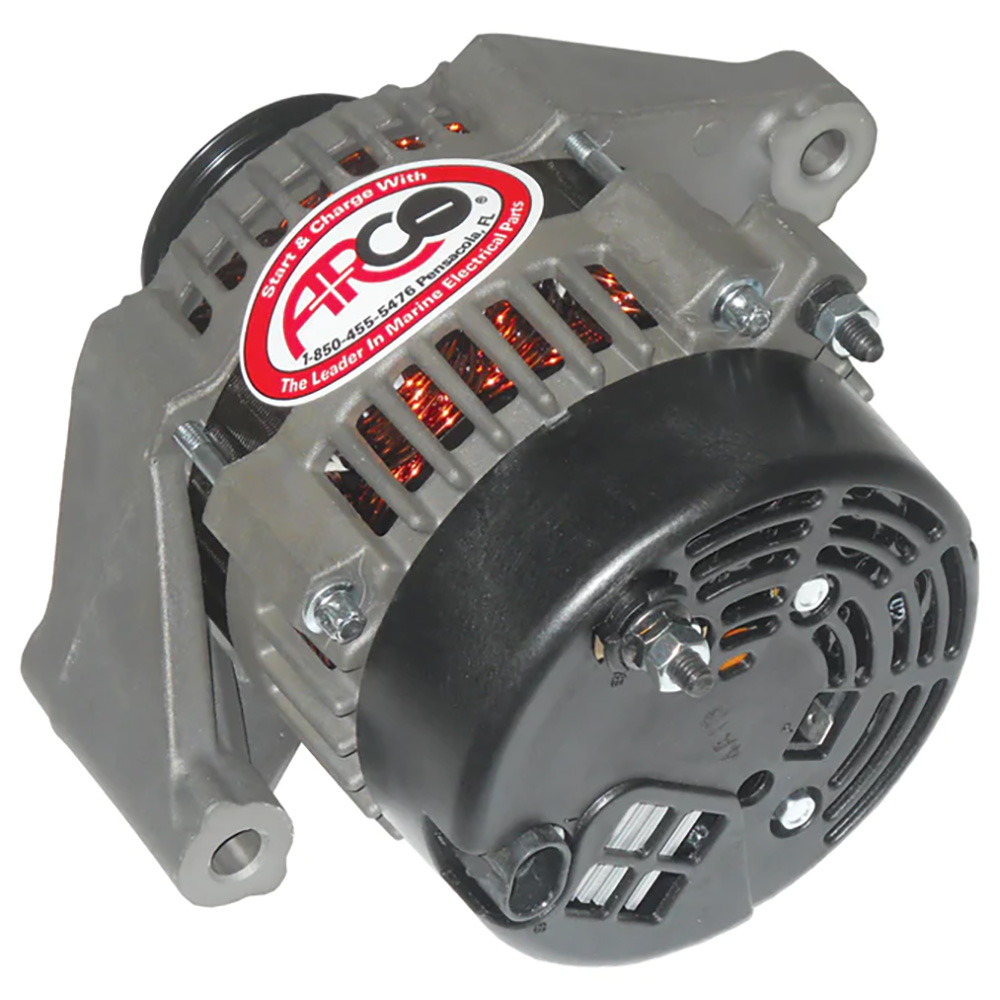 High-performance marine alternator with cooling vents.