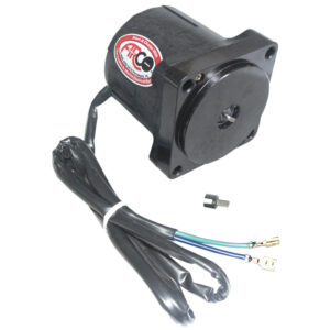 Black electric motor with attached wires and connector.