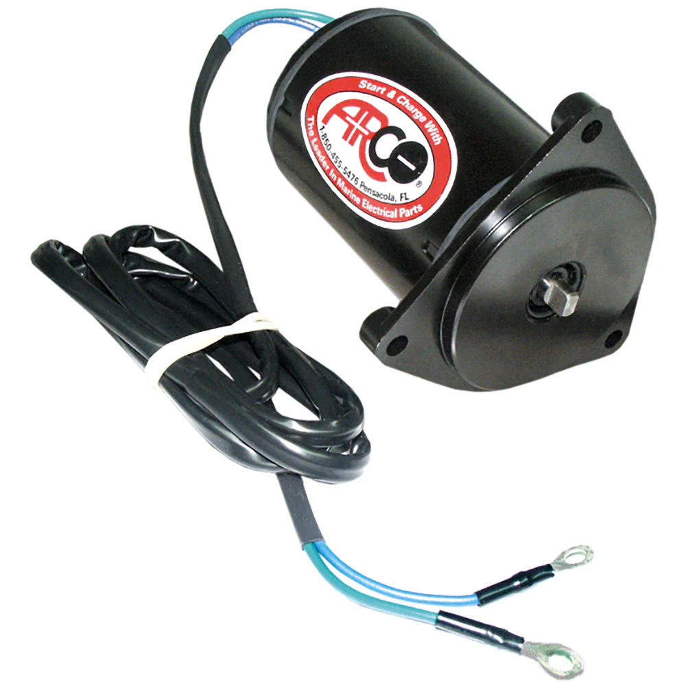 Black marine electrical motor with attached cables.