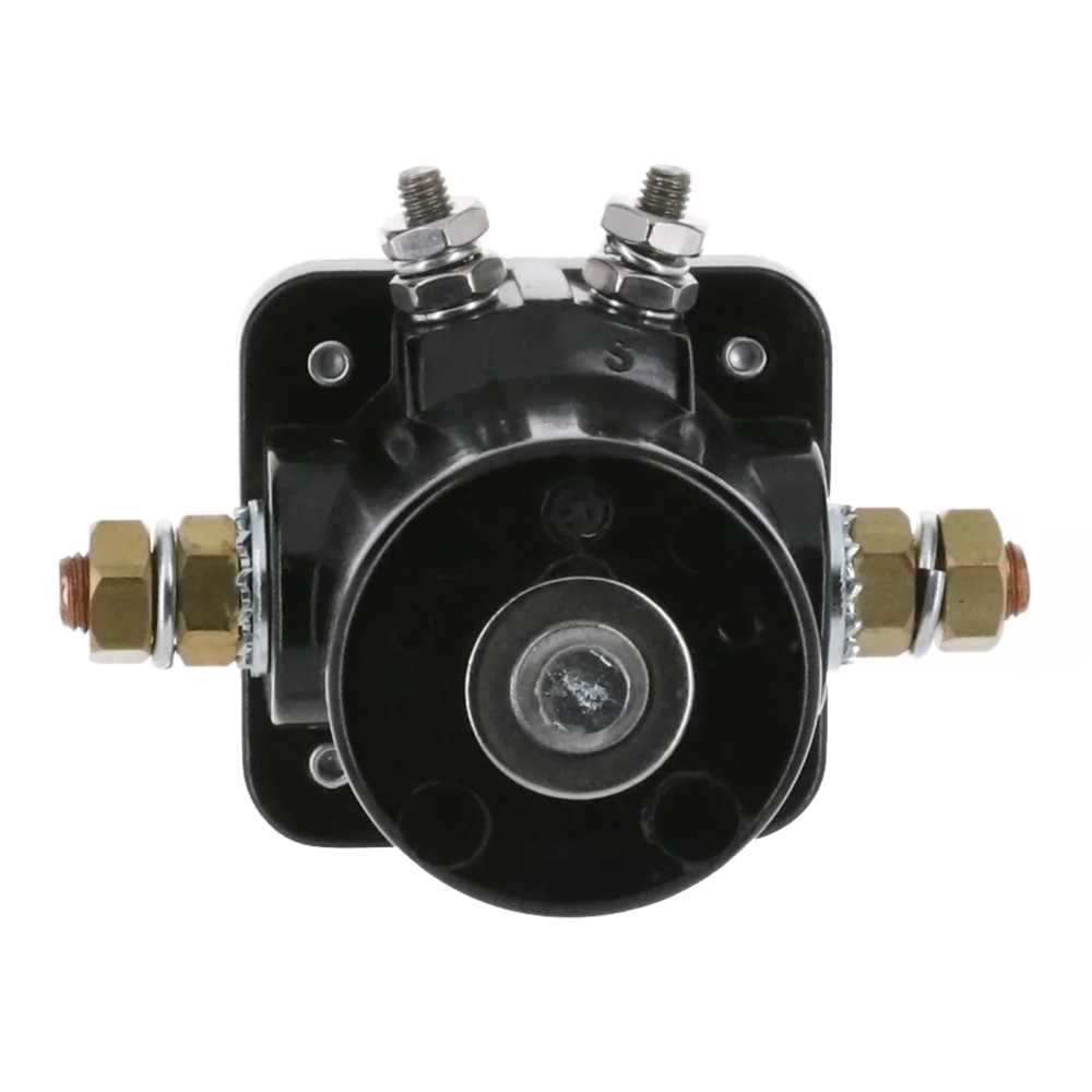 Black automotive relay solenoid with connectors.