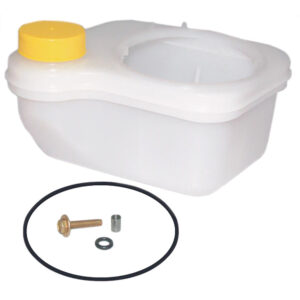 Plastic fluid reservoir with cap and hardware kit.
