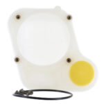 White motorcycle engine cover with yellow accent and seal.