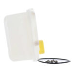 White plastic container with yellow cap and black ring.