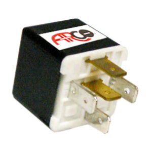 Four-pin automotive relay with black casing.