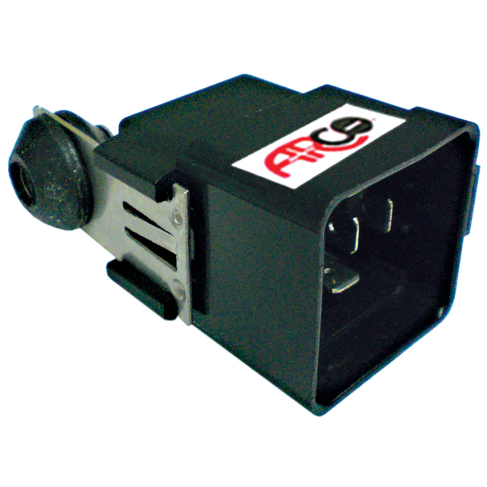 Black rectangular electrical plug with logo