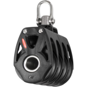 Black five-sheave marine pulley block with stainless steel shackle