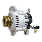 Automotive alternator with wiring connectors visible.
