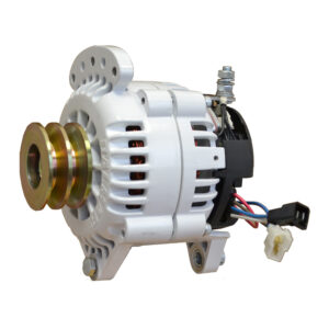 Automotive alternator with wiring connectors visible.