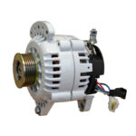 White automotive alternator with wires and connectors.