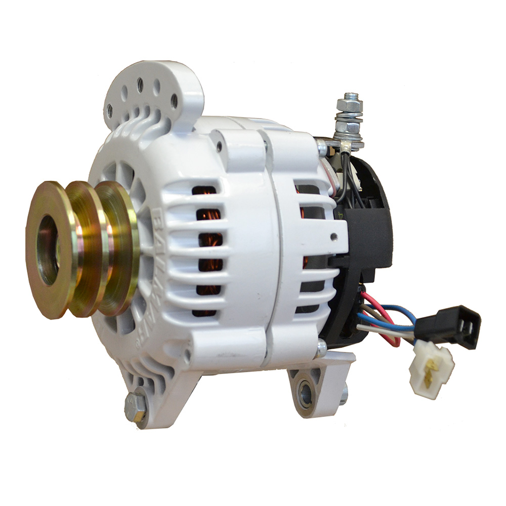 Automobile alternator with wires and connectors.