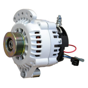 White automotive alternator with attached wires.