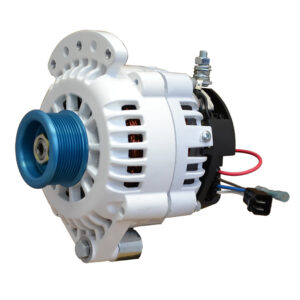 White car alternator with blue pulley.