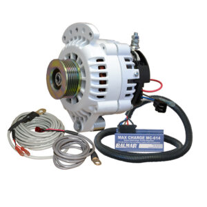 Marine alternator with cables and voltage regulator.